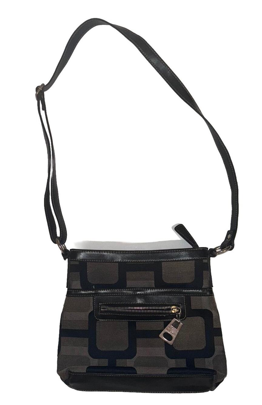 Nine West Shoulder Bag Black Brown Canvas Geometric Pattern Square Purse Handbag